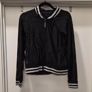 Good American Black Mesh Bomber Jacket with White Stripes